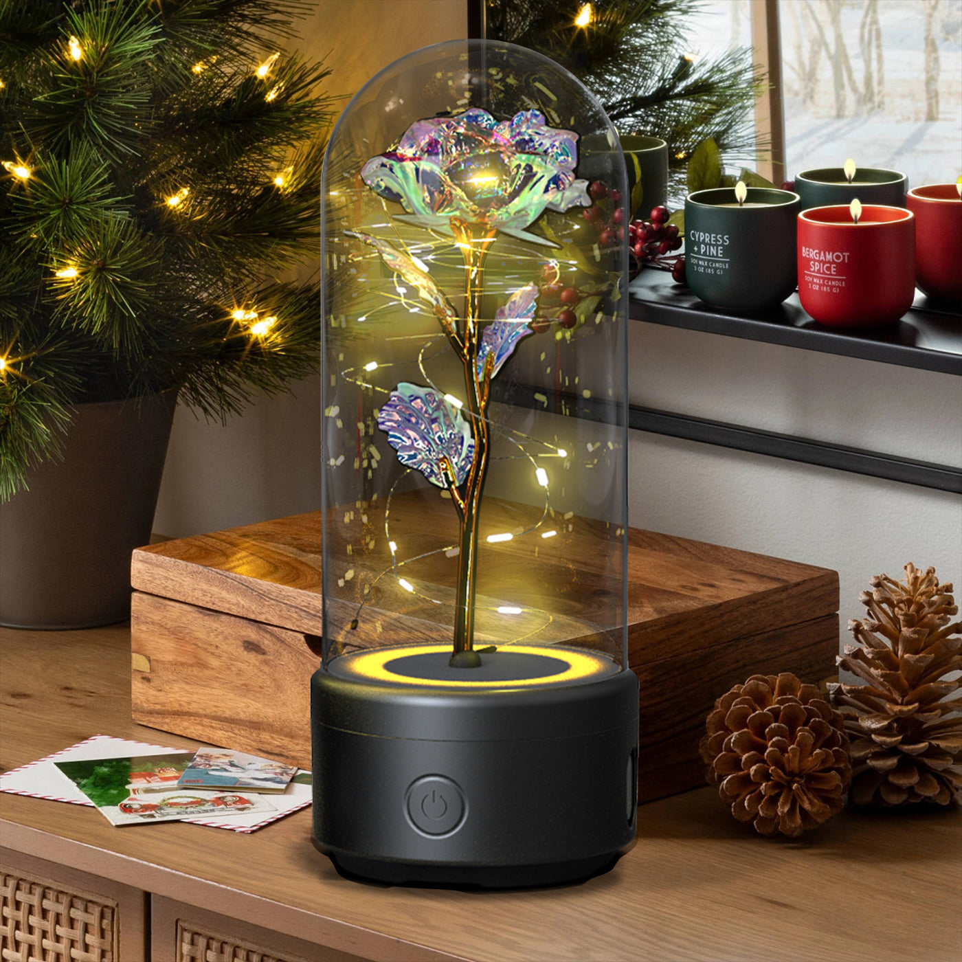 Rose Flowers LED Light Ornament In Glass Cover And Bluetooth Speaker