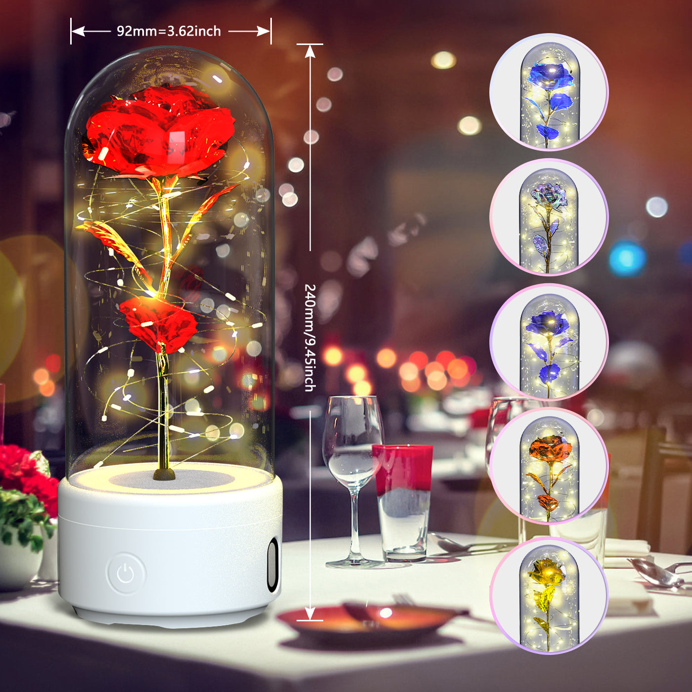 Rose Flowers LED Light Ornament In Glass Cover And Bluetooth Speaker