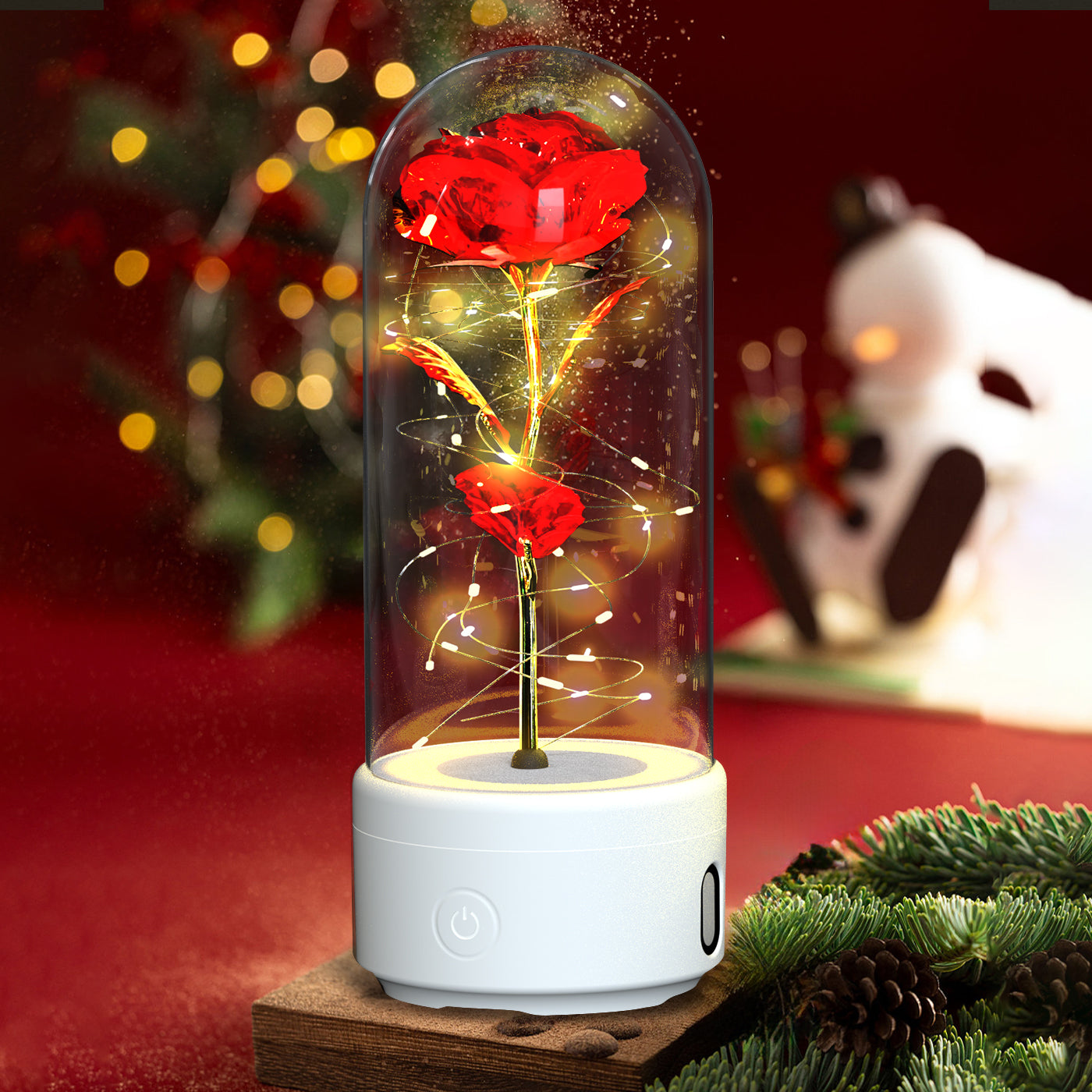 Rose Flowers LED Light Ornament In Glass Cover And Bluetooth Speaker