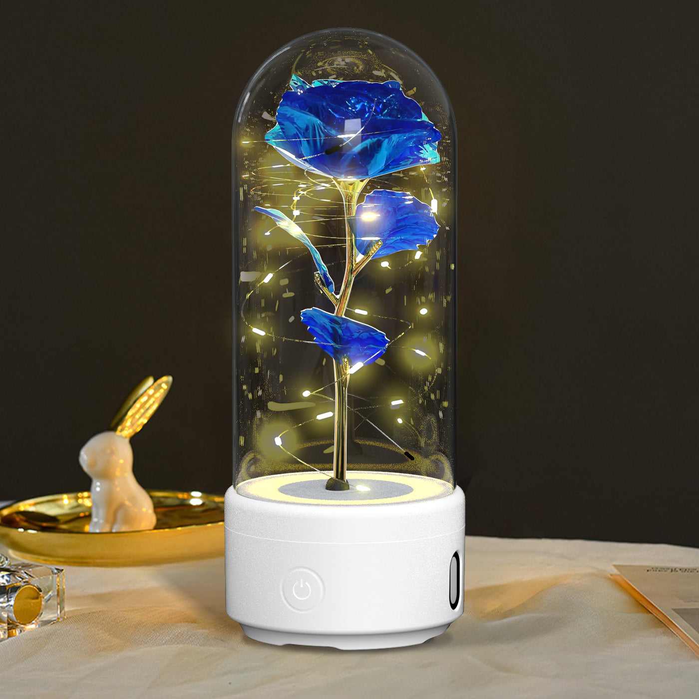 Rose Flowers LED Light Ornament In Glass Cover And Bluetooth Speaker