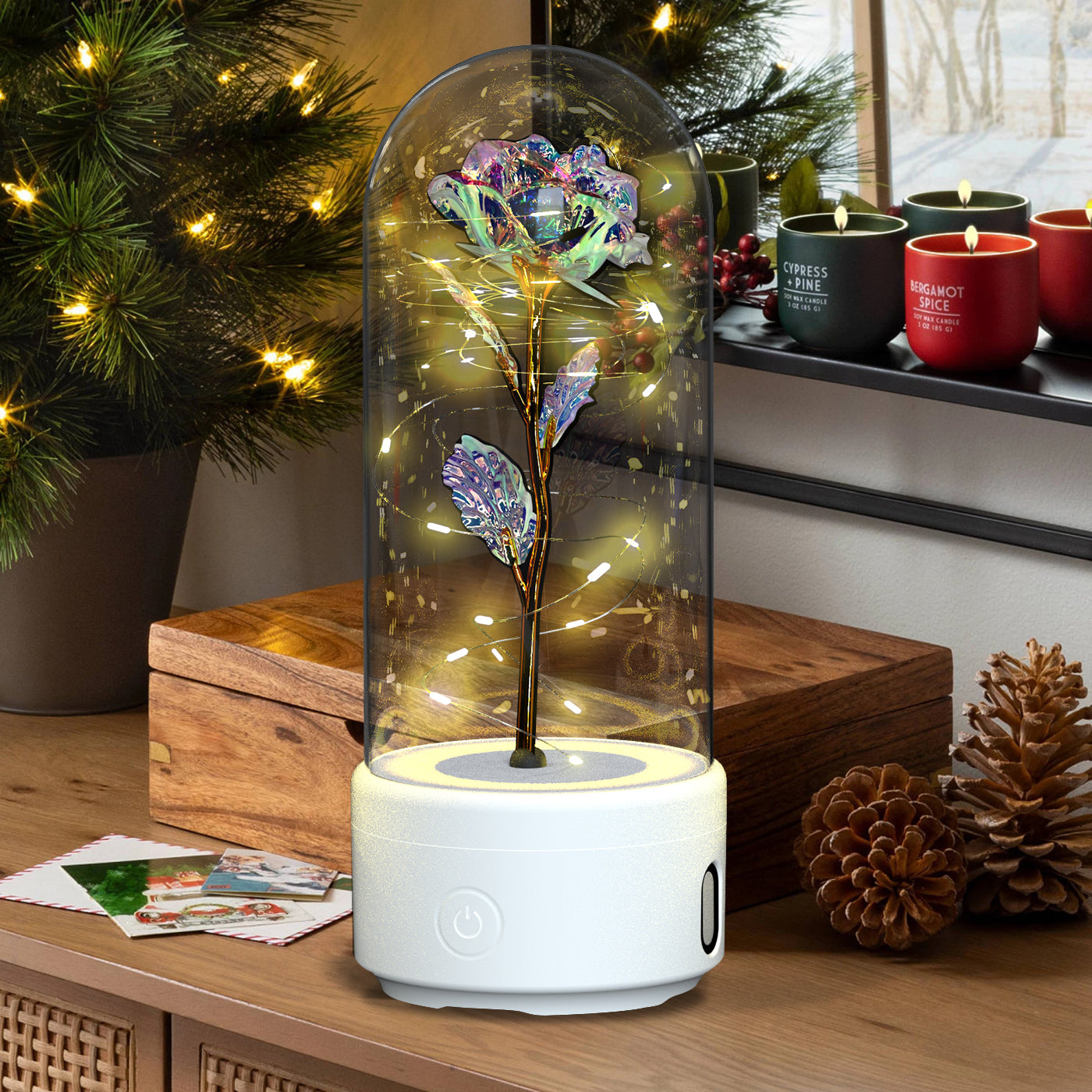 Rose Flowers LED Light Ornament In Glass Cover And Bluetooth Speaker