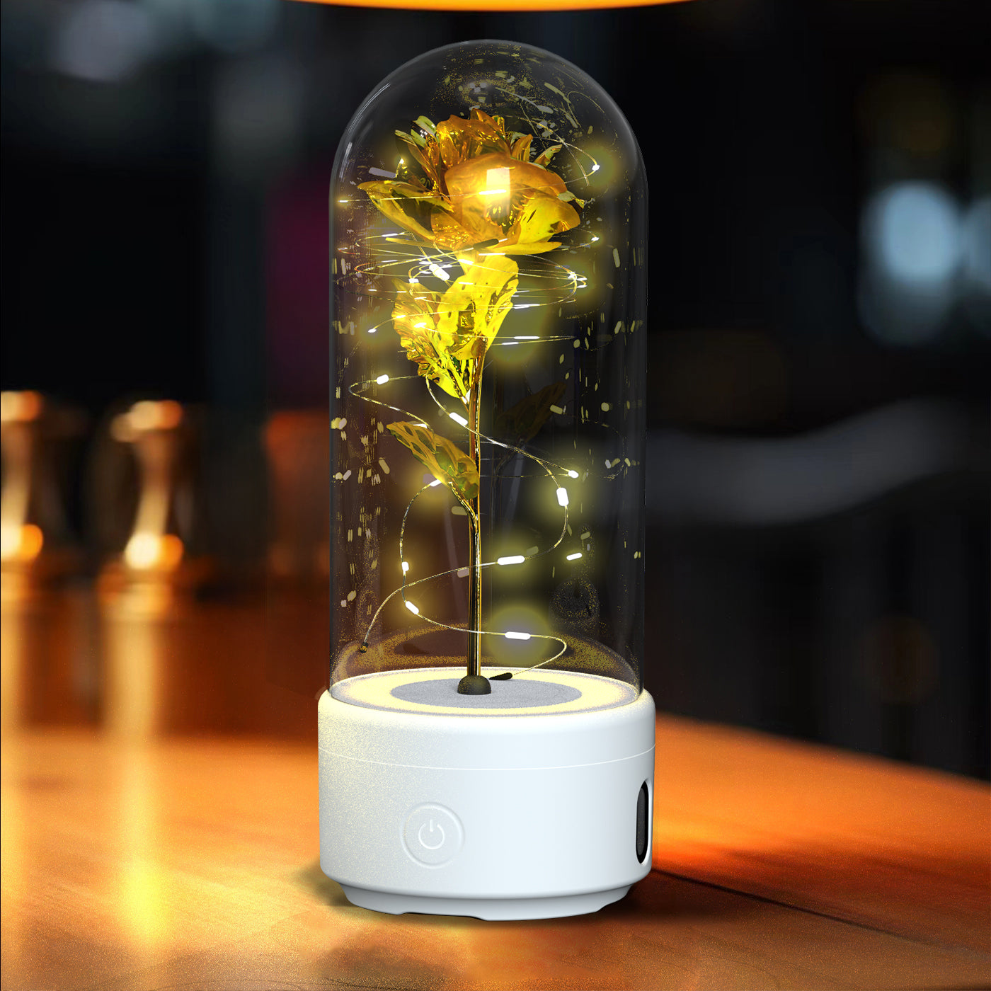 Rose Flowers LED Light Ornament In Glass Cover And Bluetooth Speaker